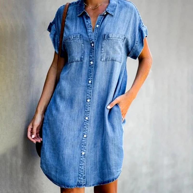 Independent Site Amazon 2023 Cross-Border New Product European and American Style Lapel Short-Sleeve Slim Dress Denim Shirt Dress for Women Independent Site Amazon 2023 Cross-Border New Product European and American Style Lapel Short-Sleeve Slim Dress Denim Shirt Dress for Women