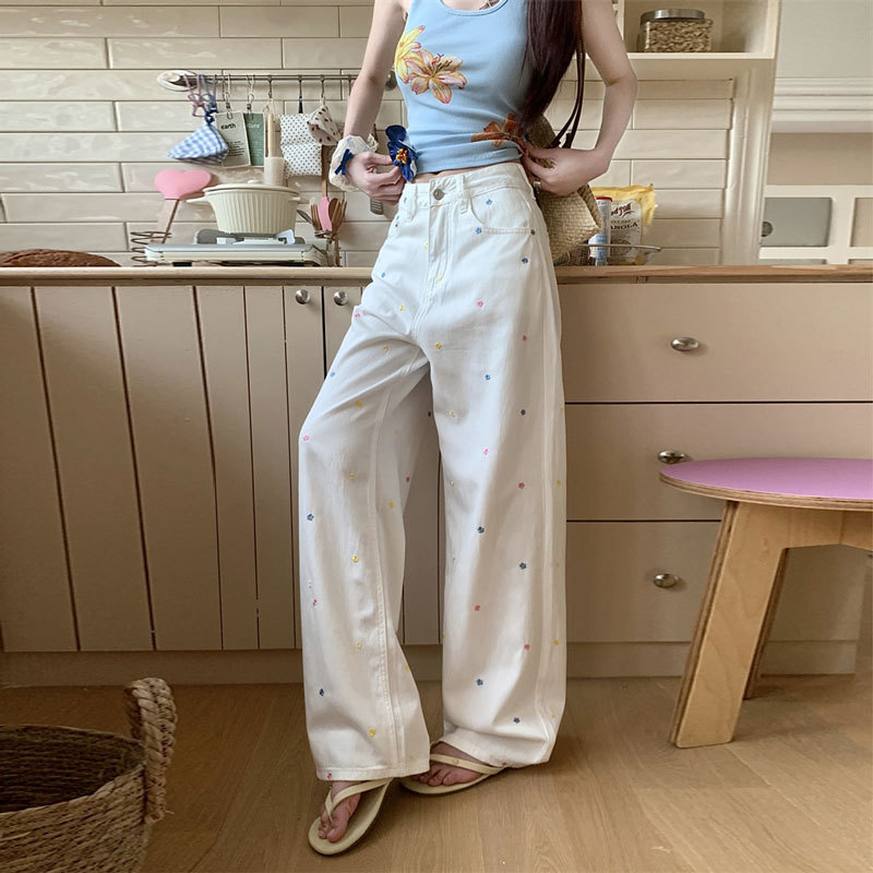 花朵刺绣大码白色牛仔裤女2025秋季新款高腰胖mm显瘦百搭阔腿长裤|undefined