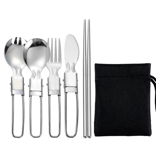 304 Stainless Steel Folding Knife Fork Spoon Chopsticks Outdoor Picnic Camping Portable Tableware Set of 5