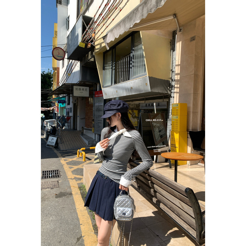 Designed Ladylike Stripesd Fake Stand-Up Lapel Lace-Up Long-Sleeved Inner Layering Shirt for Women Autumn and Winter New T-Shirt Top