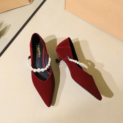2355-K216 French pointed Mary Jane shoes for women, slim heels with pearls, versatile suede temperament, small single sh