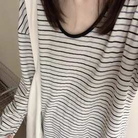 原版色织雪花条纹 韩系休闲风黑白条纹U领长袖T恤女春秋百搭上衣