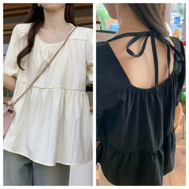 Женская рубашка-бебидолл с квадратным вырезом и короткими рукавами больших размеров, летняя рубашка для похудения, свободная рубашка с пышными рукавами, закрывающая живот, французский топ