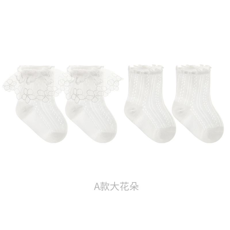 Calcetines para niñas Calcetines de algodón de tubo medio de princesa de encaje transpirable ultrafino de verano Calcetines de bebé de boca suelta deshuesados