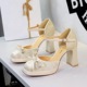 9899-H116 Thick Heels Women's Waterproof Platform Suede Bow Square Head Versatile Straw Hollow Single Shoe