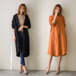 Real shot 2019 autumn South Korea lazy style simple ultra-long knee shirt solid color lapel cardigan shirt
