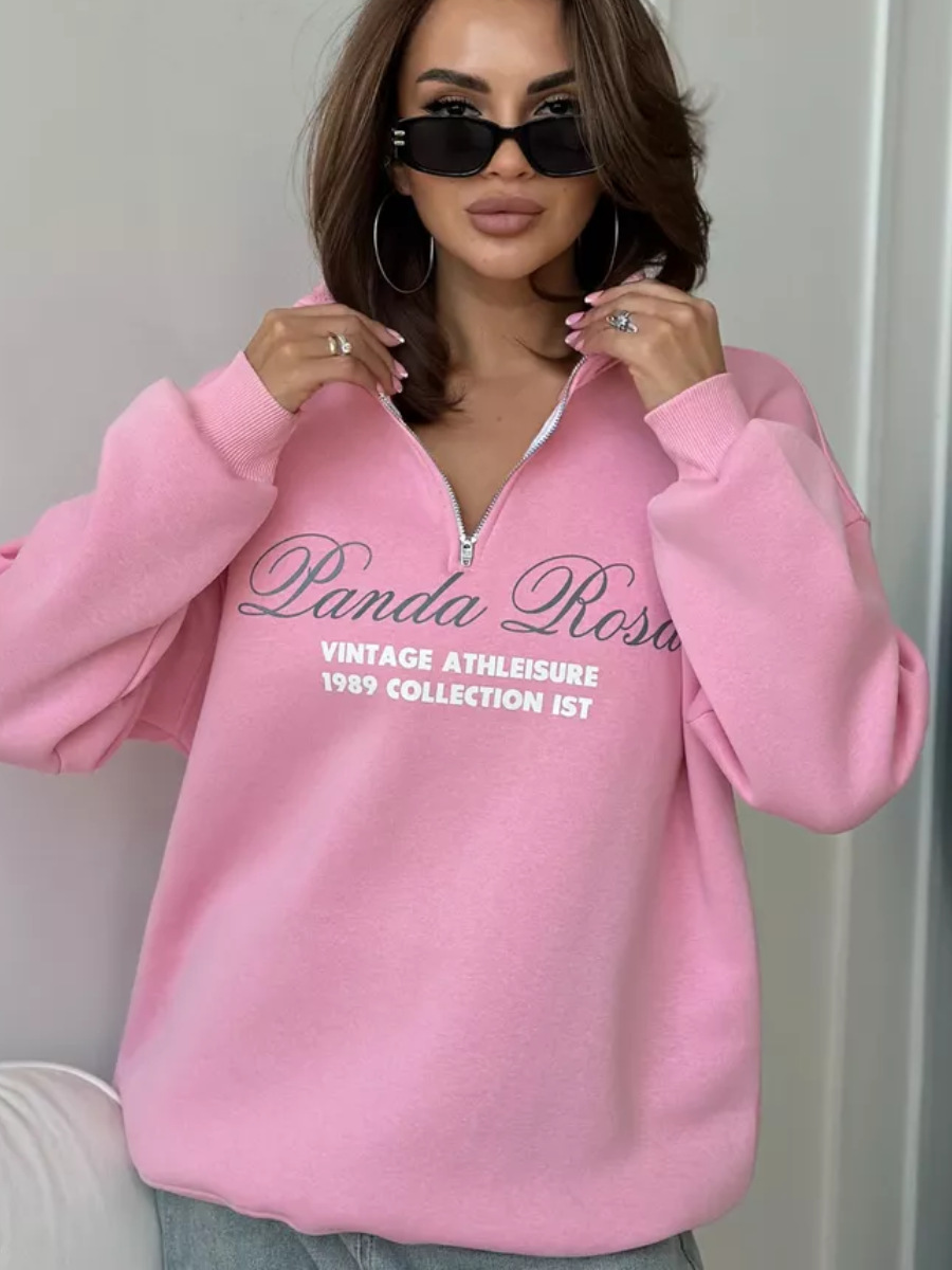 Felpa con cappuccio, mezza zip, calda, larga, foderata in pile, autunno-inverno, versatile, con stampa sul davanti_voghion.com