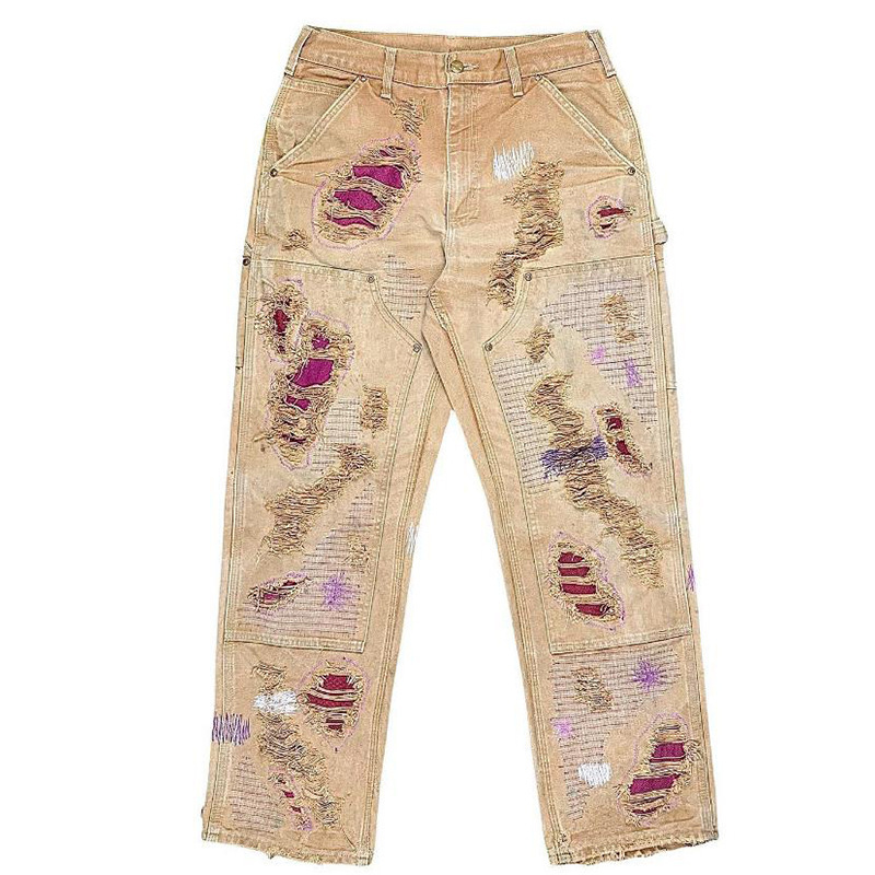 Summer Factory Wholesale Cross-Border Patch Jeans Ripped High Street Trendy Brand Patch Non-Elastic Carpenter Retro Jeans