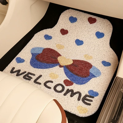 Cute Cartoon Car Floor Mat Silk Loop Single Piece High-End Car Interior Anti-Dirt Carpet Protective Mat Thickened Universal for Girls (Universal Foot Pad) - welcome-colorful-bow-foot-pad-1-in-the-front-row