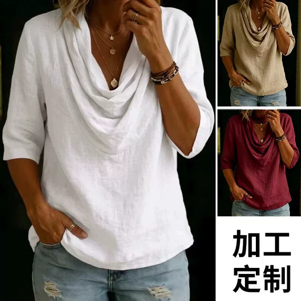 Cross-Border European and American Style Loose Cotton-Linen Three-Quarter Sleeve Blouse, Summer Loose Casual Breathable Pleated Women's Shirt Custom-Made