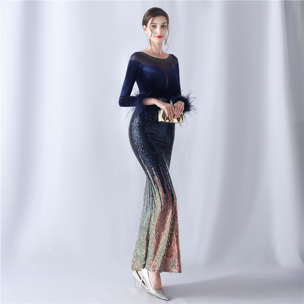 Women's gradient beaded diamond velvet high-end evening dress_voghion.com