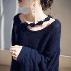 藏蓝色针织衫毛衣女款2025年新款慵懒风高级感韩系氛围感早秋穿搭