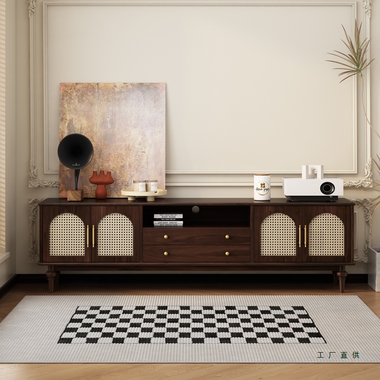 Nordic French Light Luxury Rattan Tv Cabinet Small Apartment Living Room Antique Style Floor Cabinet Storage Cabinet Solid Wood Cabinet Audio-Visual Cabinet