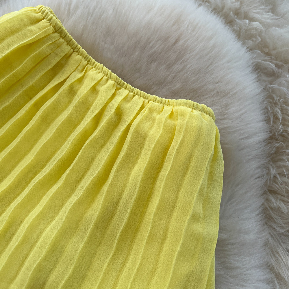 Yellow Strapless Sleeveless Long Dress Ruffled Halter Neck Design Loose Fit French Style Summery Feel Women's Clothing_ecoleips.com