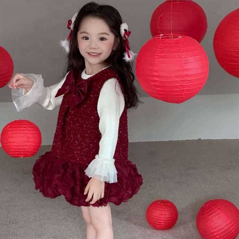 Qianqiu vestidos rojos de niñas más vello otoño y invierno nuevo estilo extranjero bebé arco chaleco princesa Año Nuevo