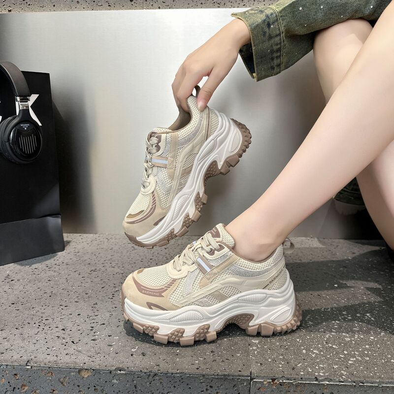 2025秋季新款真皮厚底6cm老爹鞋女小个子增高鞋烫钻休闲运动女鞋|undefined