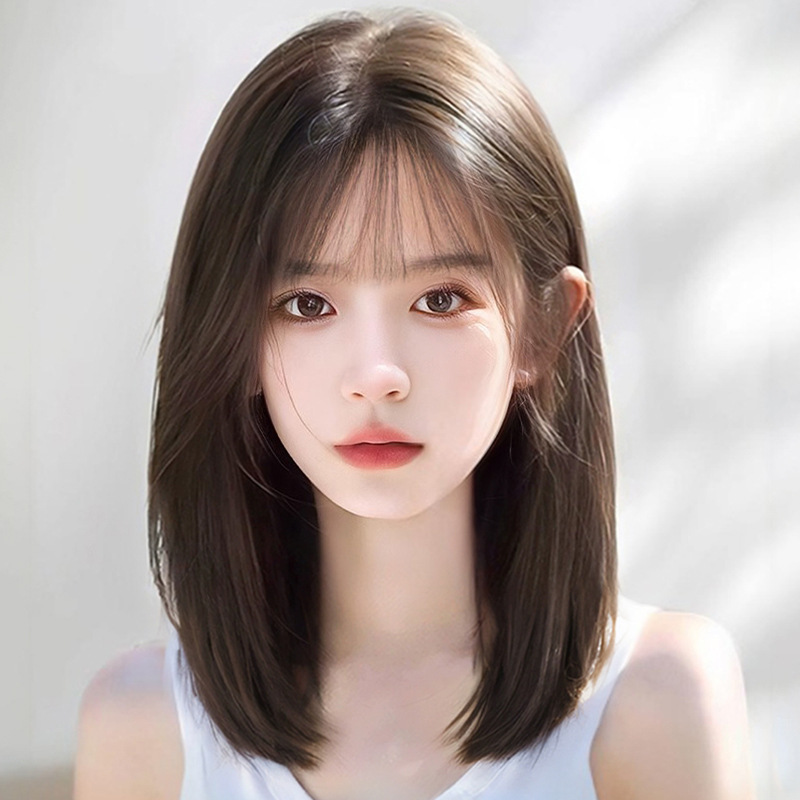 Wig for Women with Medium-Long Hair, Natural Full Human Hair, Full Headband, Bob, Clavicle Hair, Age-Reducing Full Headgear Wig