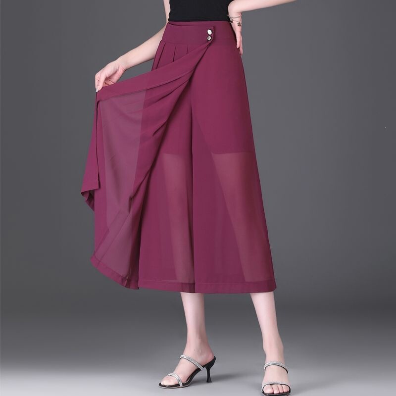 Wzxsk New Chiffon Wide-Leg Pants with a Draping Effect, Seven-Quarter Length, Summer Plus-Size Casual High-Waisted Loose Fit, Slimming and Lightweight