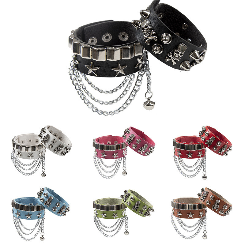 European and American Punk Style Wide Leather Skull Bracelet Personalized Rivet Pentagonal Star Bracelet Rock Retro Couple Bracelet European and American Punk Style Wide Leather Skull Bracelet Personalized Rivet Pentagonal Star Bracelet Rock Retro Couple Bracelet