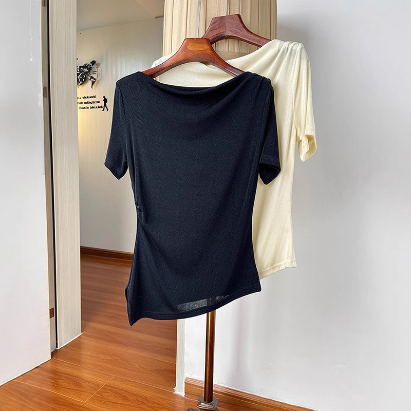 Fashion Acetic Acid Knitted Shirt Women's Irregular Hem Pleated Tight Waist Tight Swing Collar Short Sleeve T-Shirt Summer Thin
