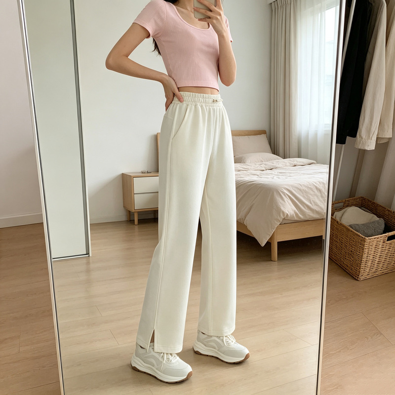 Air-layer slit straight-leg pants, slimming and drapey long pants, high-waisted slimming wide-leg pants, soft and drapey casual pants Air-layer slit straight-leg pants, slimming and drapey long pants, high-waisted slimming wide-leg pants, soft and drapey casual pants
