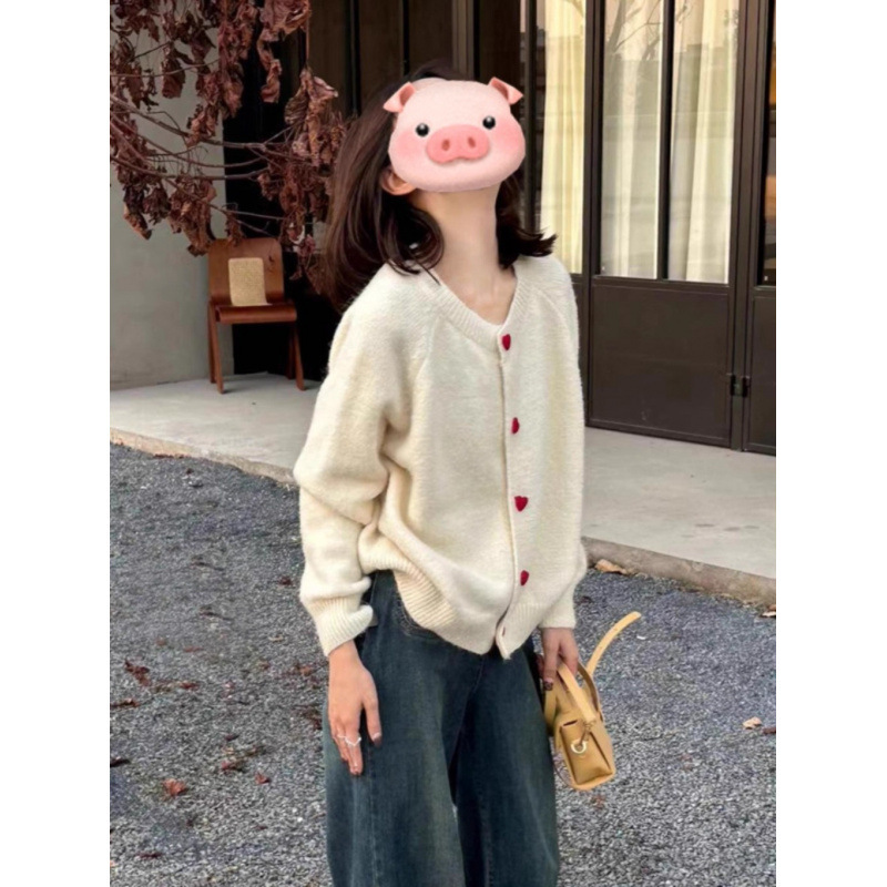 韩系温柔毛茸茸毛衣外套女秋冬宽松软糯爱心扣针织开衫插肩袖上衣|undefined