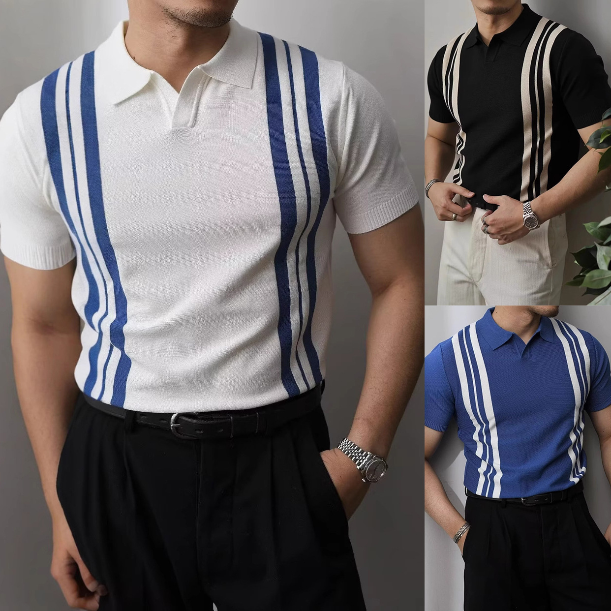 Polo camiseta de punto camiseta de manga corta hombre V-collar gaviota collar rayas verticales viejas camisetas de hielo de viento de verano fábrica transfronteriza al por mayor