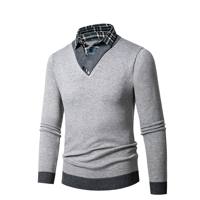 2023 весенний внешний торговый новый мужской поддельный свитер с тремя пуговицами из двух частей, мужской повседневный свободный свитер с воротником рубашки