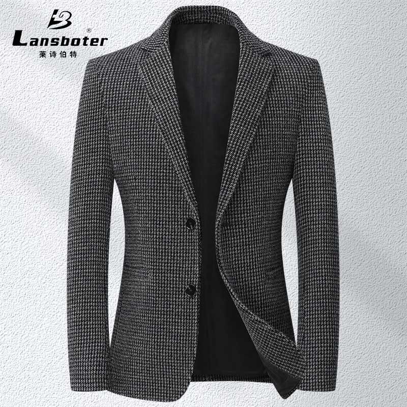 Áo vest nam dáng ôm họa tiết chữ nhật nhỏ, vải co giãn dày, không cần ủi, tay dài — Ca rô Houndstooth xám nhạt, Ca rô Houndstooth Đen Xám
