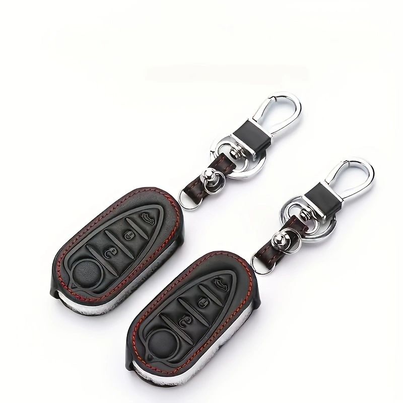 Suitable for Alfa Romeo key fobs: genuine leather car key case with buckle, protective shell, and red-edged stitching