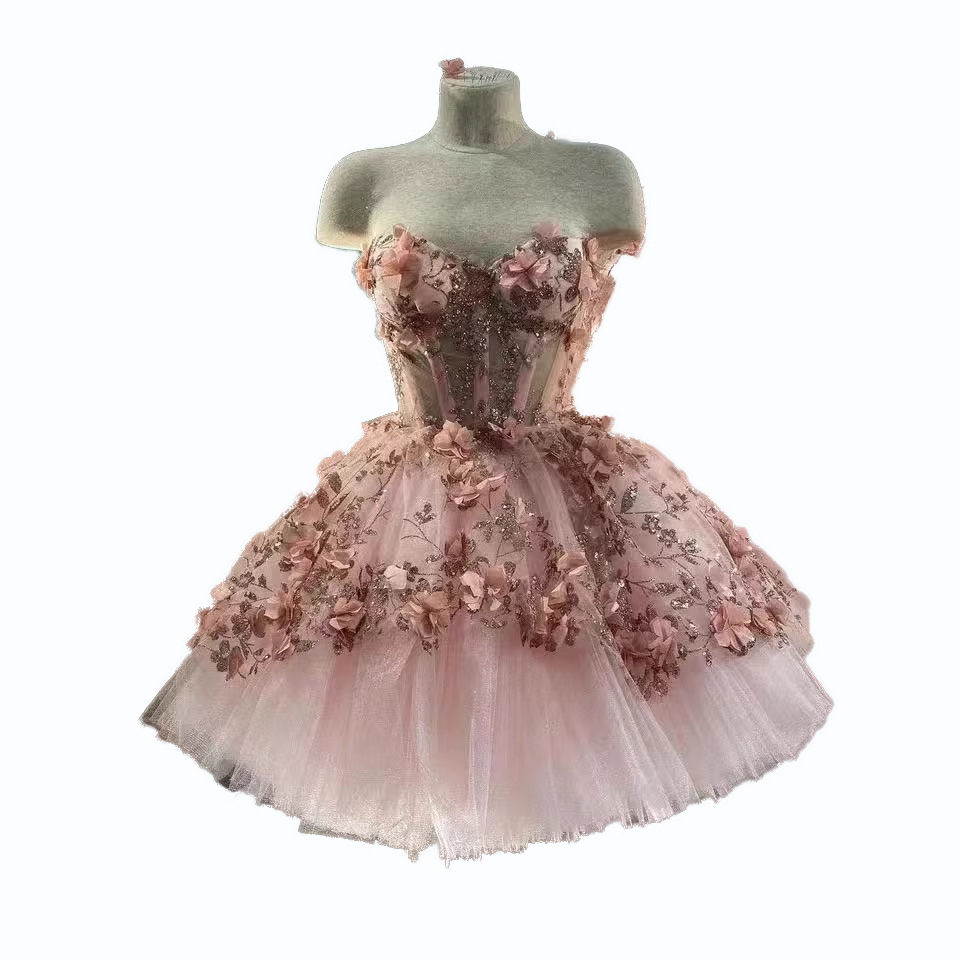 Vestido de noche rosa, vestido de princesa con top de tubo de hada, vestido de lujo ligero, vestido de alta gama de nicho, vestido de fiesta de cumpleaños, falda corta image 5