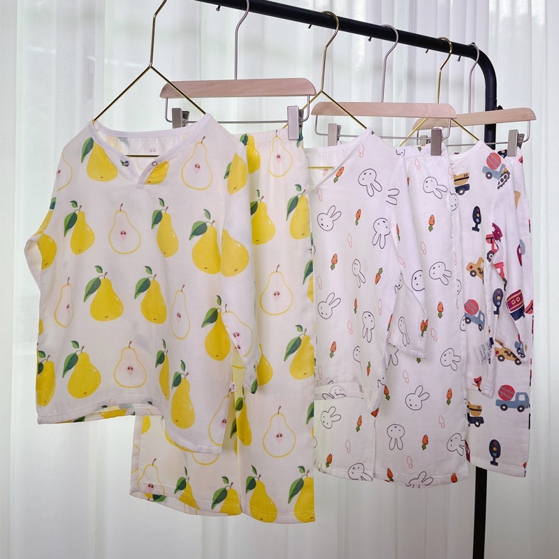 儿童双层竹棉纱布长袖长裤家居服套装春夏空调房睡衣 睡裤宽松