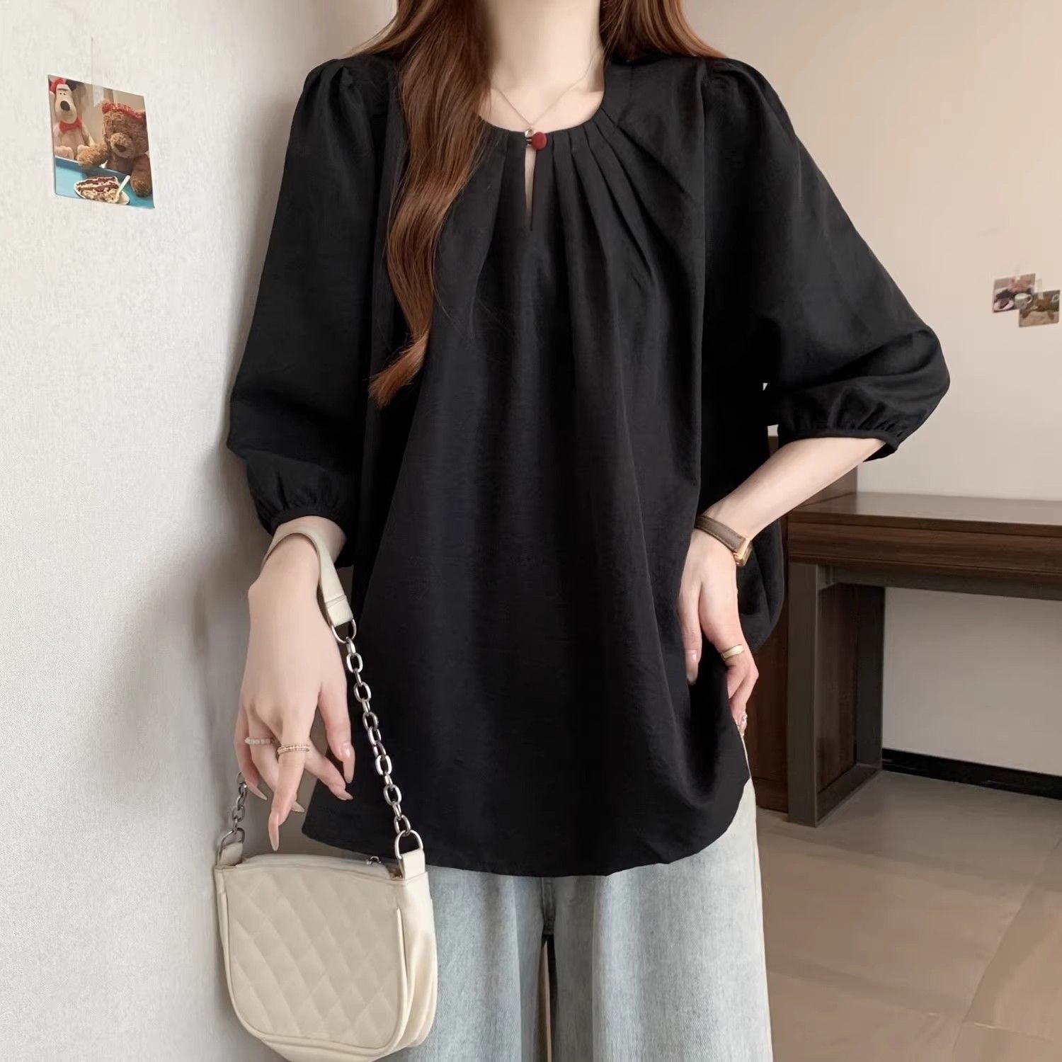 Camiseta de manga corta grande de siete partes para mujeres primavera y verano nueva gorda mm suelta y delgada que cubre la carne y el aire extranjero camiseta de reducción de edad superior image 1