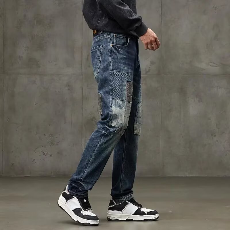 Heren retro patchwork jeans losse straight leg casual broek_voghion.com