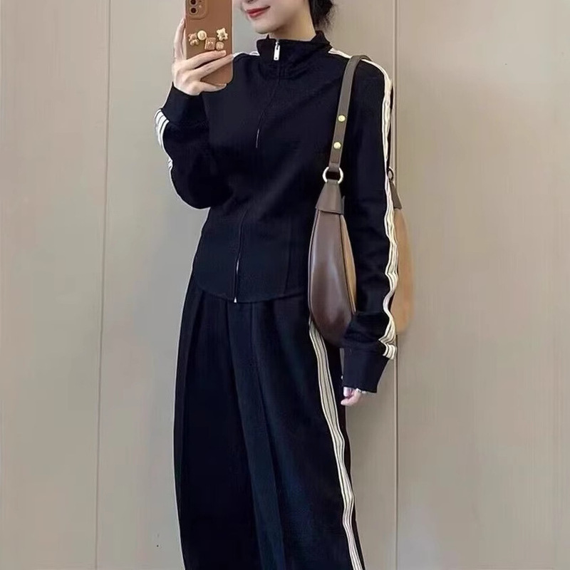 高级鱼骨运动套装女春秋新款时尚黑色卫衣上衣气质休闲裤子两件套|undefined