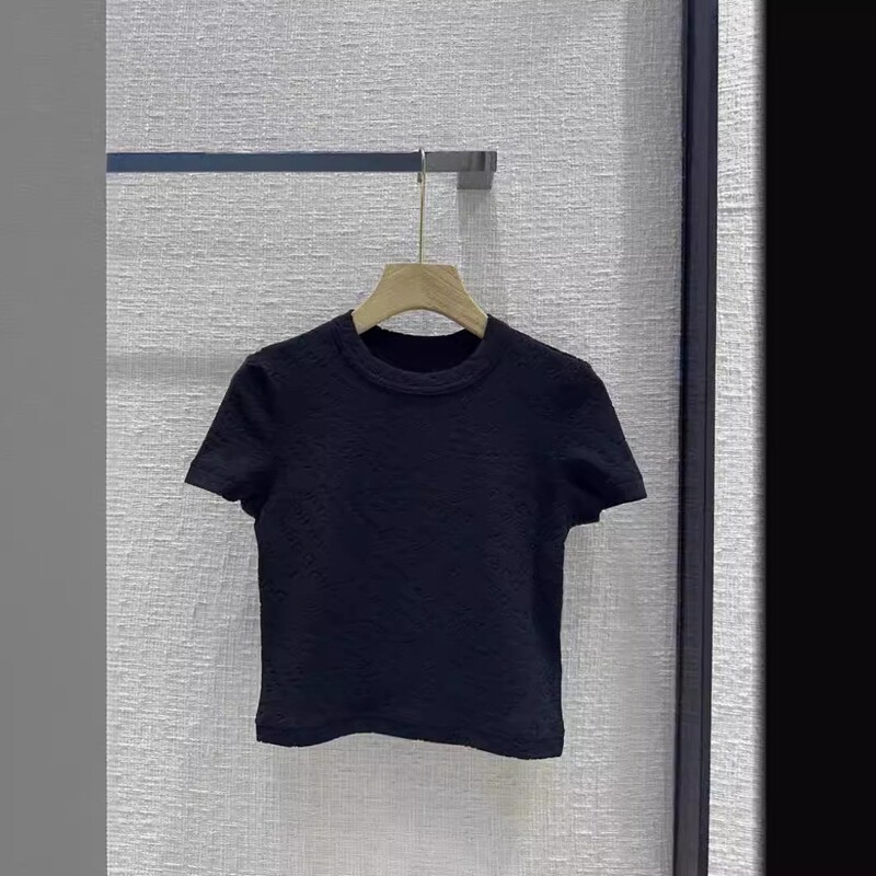 ラウンドネック半袖Tシャツ｜ダークレタージャガード｜女性用万能着痩せストレッチショートトップス|undefined