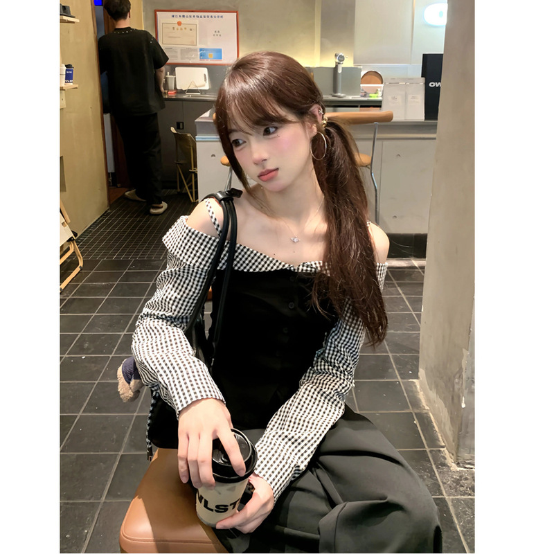 Autumn Off-Shoulder Shirt Top Niche Sweet and Spicy Design Fake Two-Piece Plaid Splicing Slim Long-Sleeved T-Shirt for Women