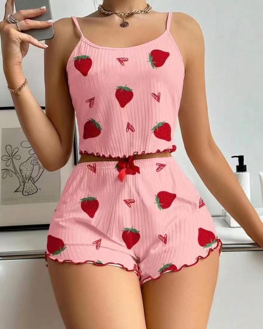 Women's Gender Home Daily Women's Cute Heart Shape Strawberry Polyester Cotton Polyester Shorts Co-ord Set Pajama Sets