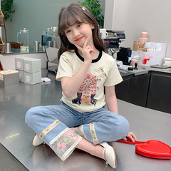 女童t恤短袖2024新款純棉小女孩夏季半袖上衣兒童夏裝國風體恤夏