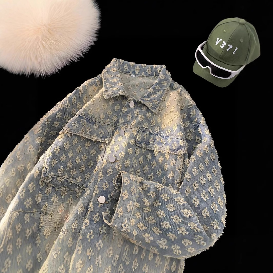 하이 엔드 자카드 데님 재킷 남자의 가을과 겨울 유행 브랜드 헤비 느슨한 재킷 2024 새로운 캐주얼 의류