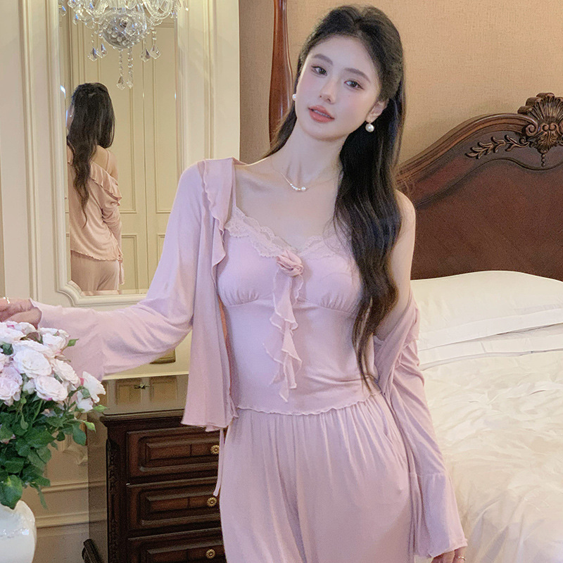 法式睡衣女胸垫女三件套春秋温柔浪漫开衫宽松套装家居服可外穿|undefined