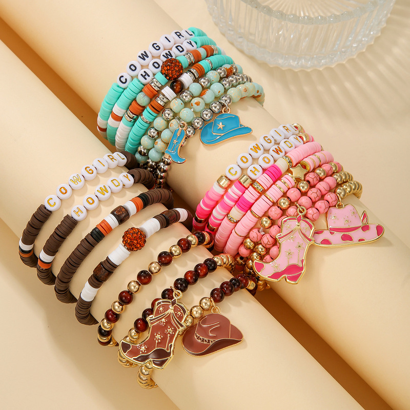 Amazon's New Fashion Letter Western Cowgirl Multi-Layered Elastic Soft Pottery Bracelet Set
