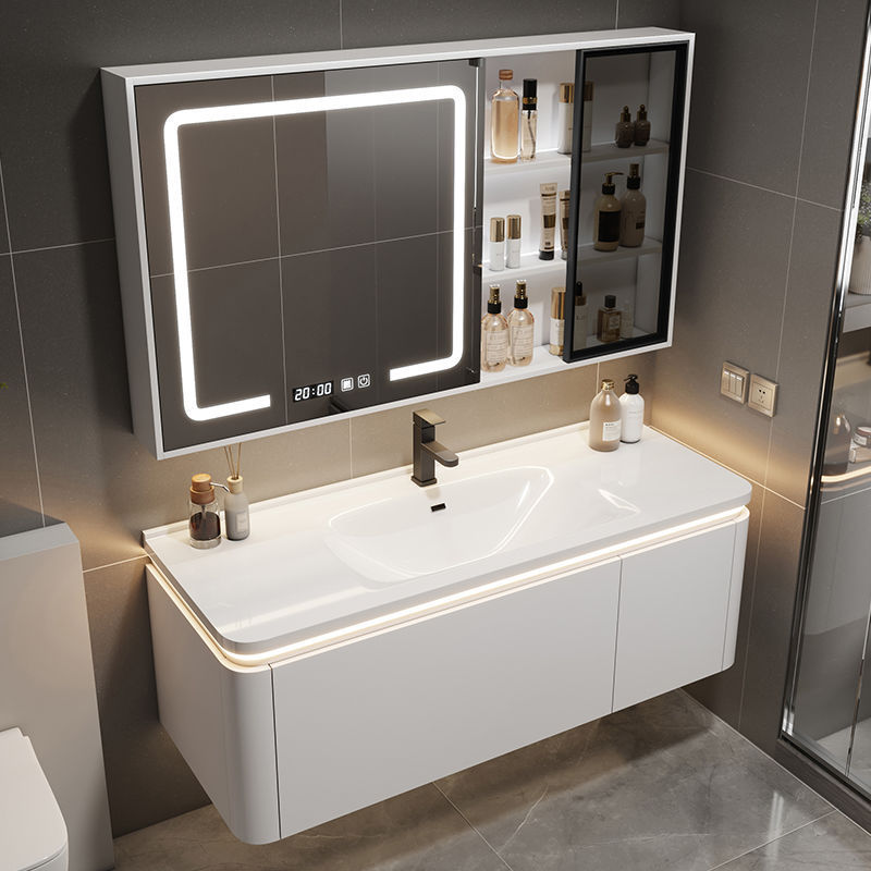 Modern Simple Smart Bathroom Cabinet Ceramic Integrated Basin Wash Basin Cabinet Combination Wash Basin Bathroom Cream Bathroom Cabinet