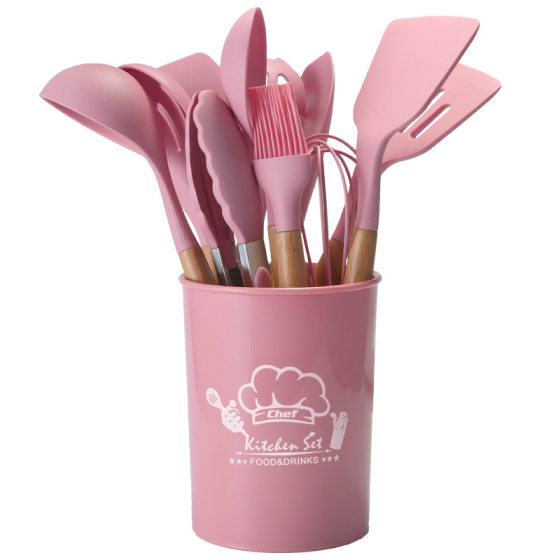 Silicone Cookware 12 Pieces suit Silicone Shovel Kitchen Utensils Non-stick Pan Storage Barrel Wooden Handle Shovel