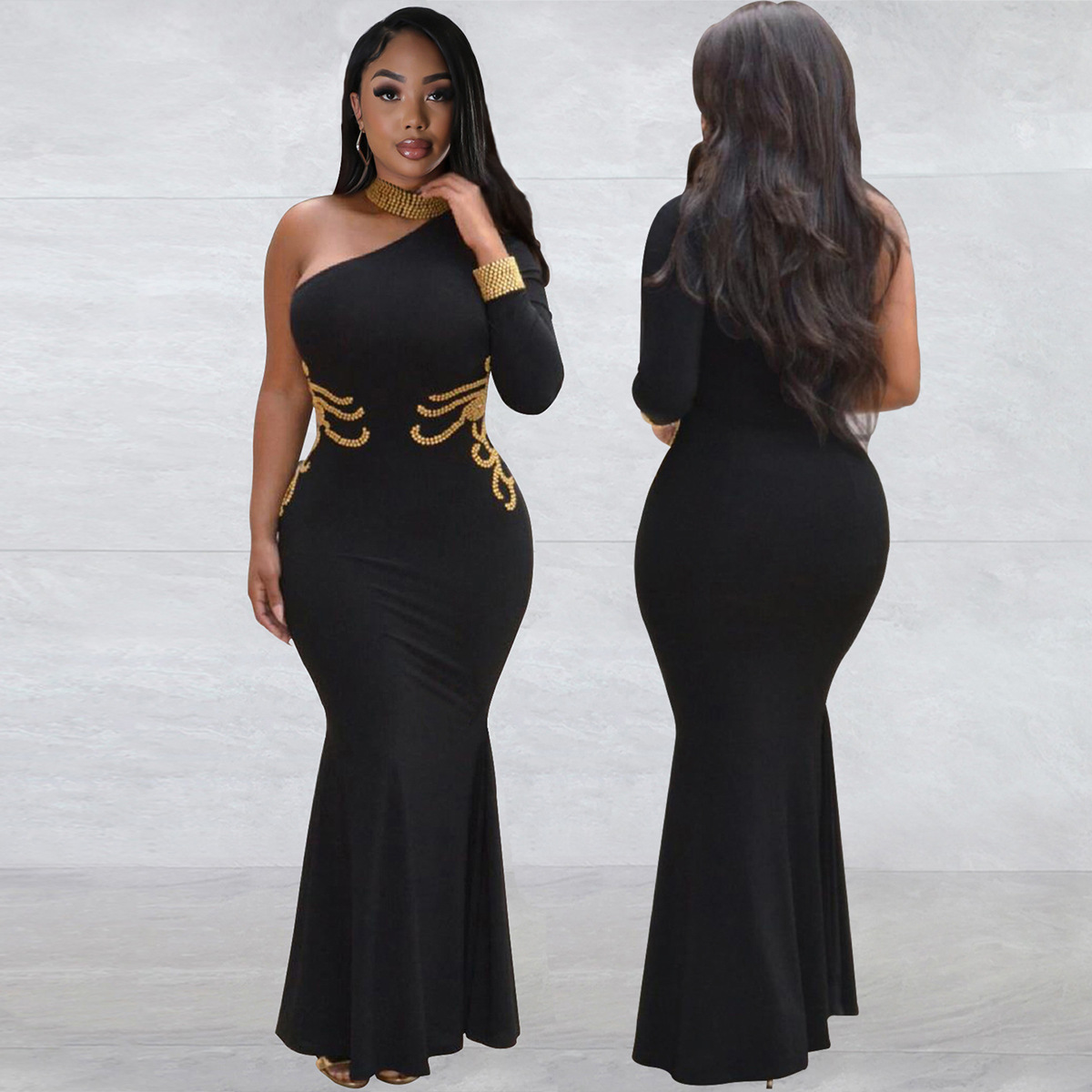 9479 European and American Amazon Ladies Black Neck Rhinestone Shoulder Long Sleeve Ball Dress (Heavy Industry)