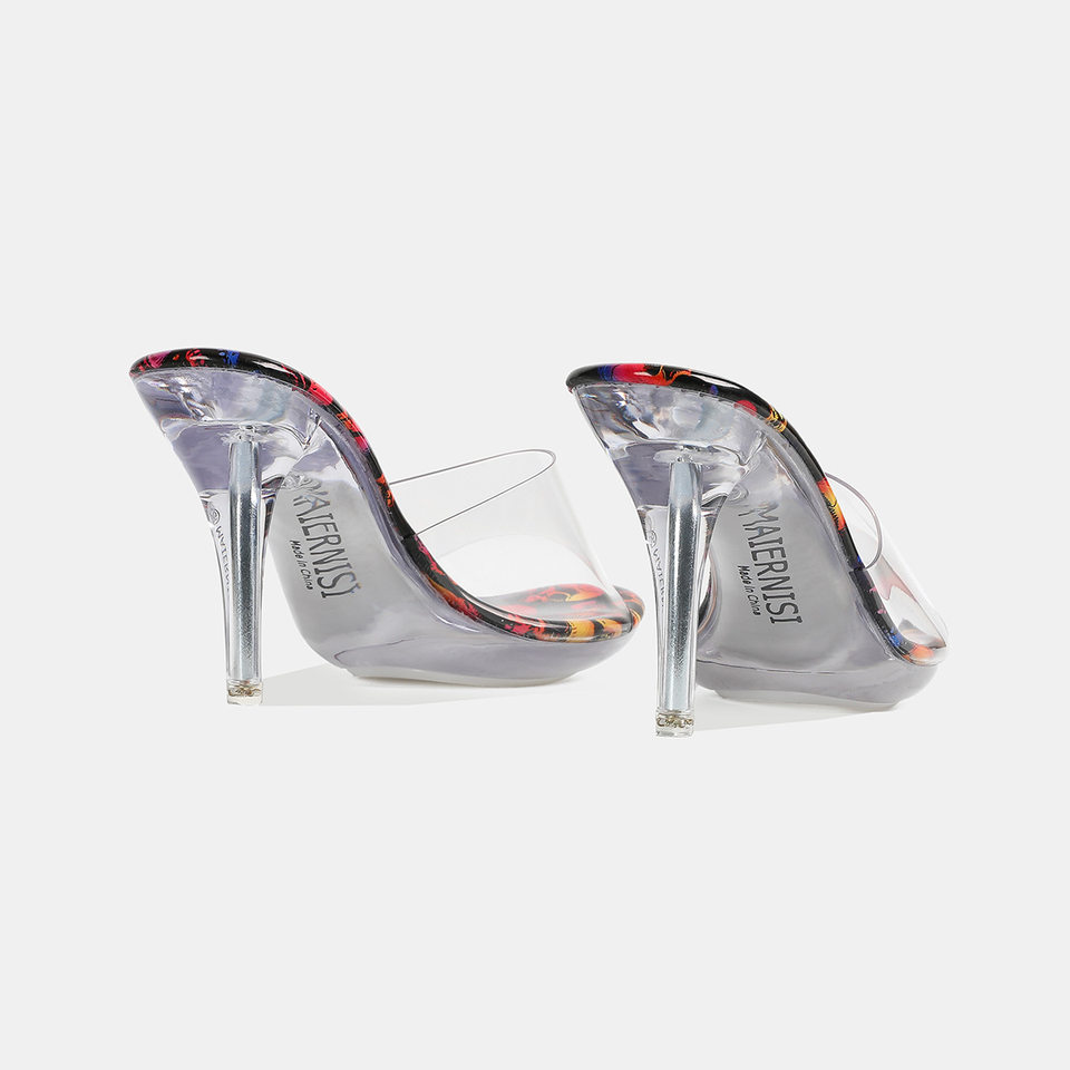 Giày sandal nữ quai ngang gót nhọn siêu cao lộ ngón chân, đế trong suốt pha lê nhiều màu, form rộng — trắng, đen chi tiết 6