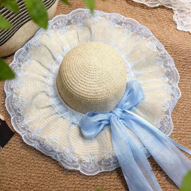 Lace-Trimmed Straw Hat for Women, Sweet Holiday Style, Lace Sweet Bow, Dopamine Beach Straw Hat Trend