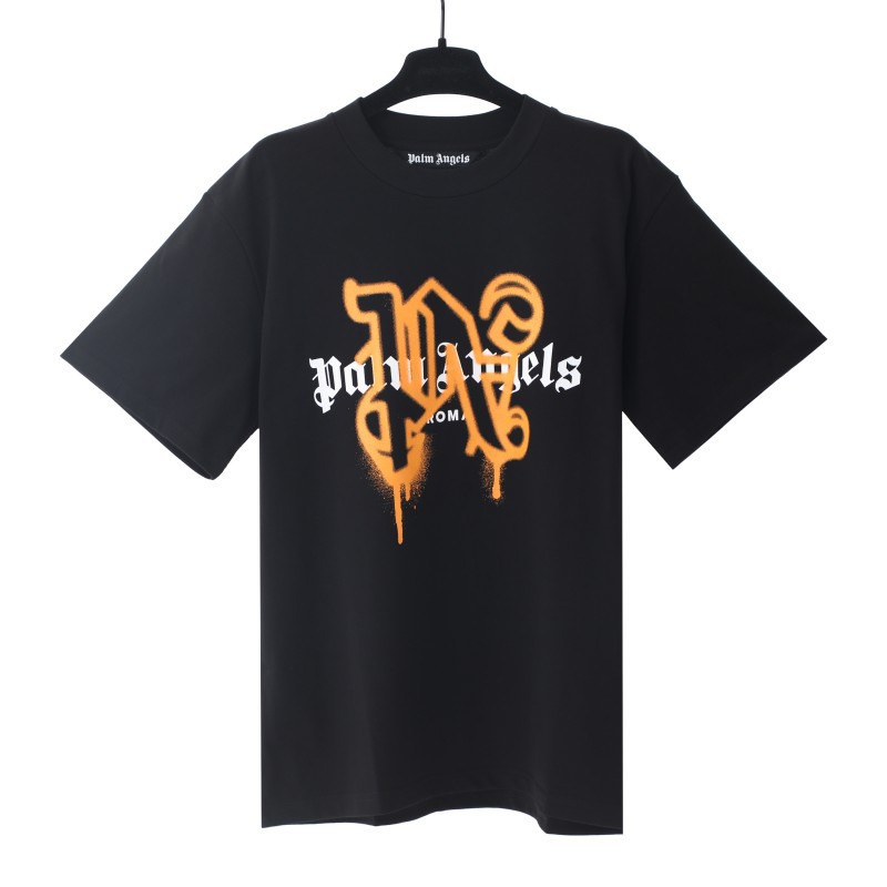 Comercio exterior transfronterizo al por mayor PA pintura en aerosol carta manga corta palmera niebla calle alta marca de moda graffiti logo hombres y mujeres camiseta