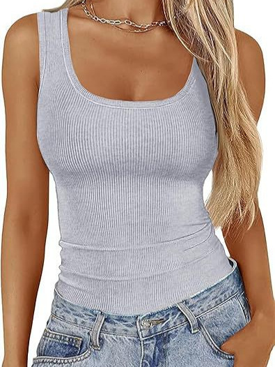 2024 Amazon Women's Square Neck Ribbed Casual T-Shirt Sleeveless Stretch Slim Basic Tank Top Women's Top