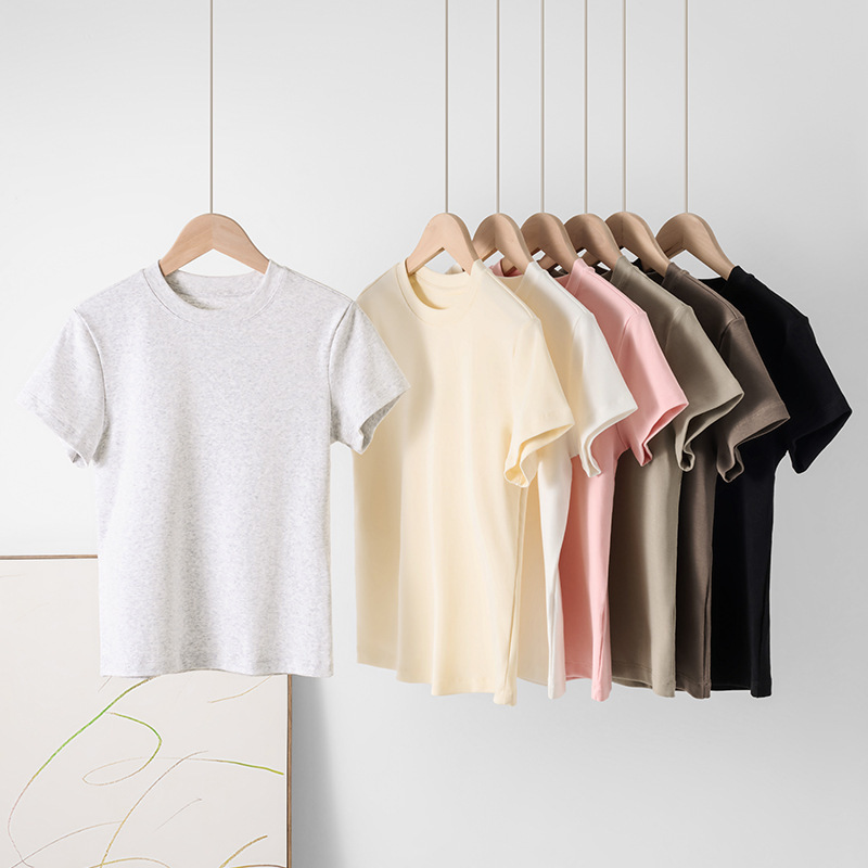 Women's Short-Sleeved Shoulder T-Shirt with French Crewneck 2025 Summer Short Stretch Slim-Fit Hot Girl Style Slimming Short Top for Women Women's Short-Sleeved Shoulder T-Shirt with French Crewneck 2025 Summer Short Stretch Slim-Fit Hot Girl Style Slimming Short Top for Women